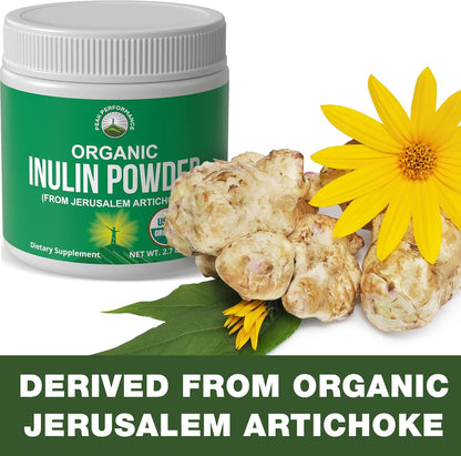 Peak Performance Organic Inulin Powder Natural Prebiotic Fiber for Gut Health. USDA Organic Raw Plant Based Vegan Prebiotics FOS Supplement from Jerusalem Artichoke