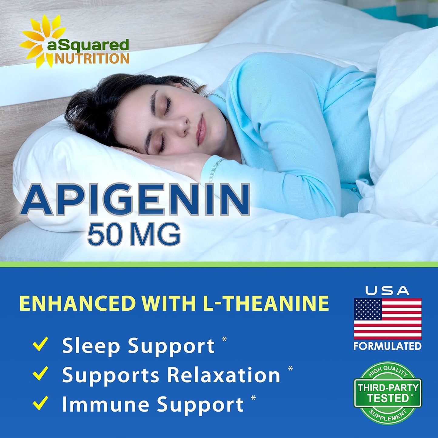 aSquared Nutrition Apigenin 50mg & L-Theanine 200mg - 120 Capsules - Apigenin Supplement Pills for Sleep and Relaxation - Natural Bioflavonoid Extract Found in Chamomile Tea | Apigenin Supplement Pills for Relaxation - Natural Bioflavonoid Extract Powder
