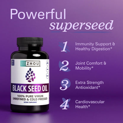 Zhou Nutrition Black Seed Oil Capsules, 100% Virgin, Cold Pressed Source of Omega