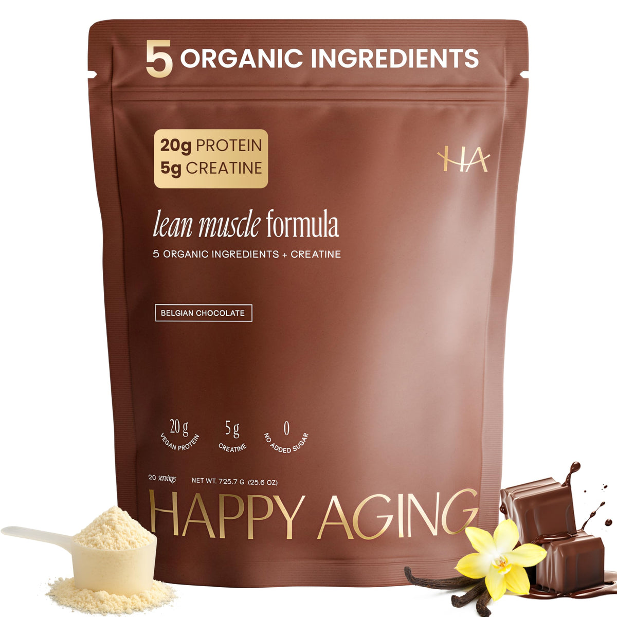 Happy Aging Vegan Protein Powder for Women, 20g Organic Pea & Pumpkin Seed Protein, 5g Creatine for Women, Monk Fruit Sweetened, Organic Cocoa & Chia, Vegan Plant Based Protein