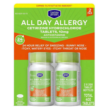 berkley jensen 24 Hour Allergy Relief, 10 mg Cetirizine Hydrochloride Antihistamine - Fast Allergy Medicine for Indoor & Outdoor Allergies, Made in USA, 200 Tablets (Pack of 1)