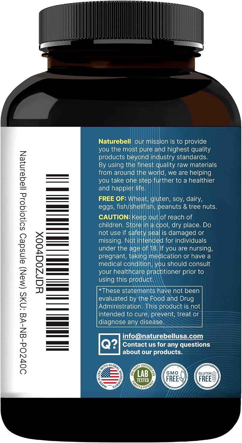 NatureBell Probiotic 200 Billion CFU – 40 Strains Per Serving | 240 Veggie Capsules with Prebiotics and Probiotics – Full Spectrum Complex with Enzymes – Daily Probiotics for Women & Men