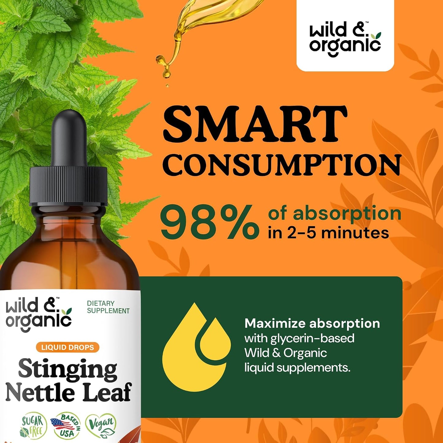 Wild & Organic Stinging Nettle Leaf Tincture - Urinary Tract Support - Stinging Nettle Extract Liquid Drops - Urtica Dioica Supplement - 5-Month Supply - Vegan, Sugar & Alcohol-Free - 4 fl oz
