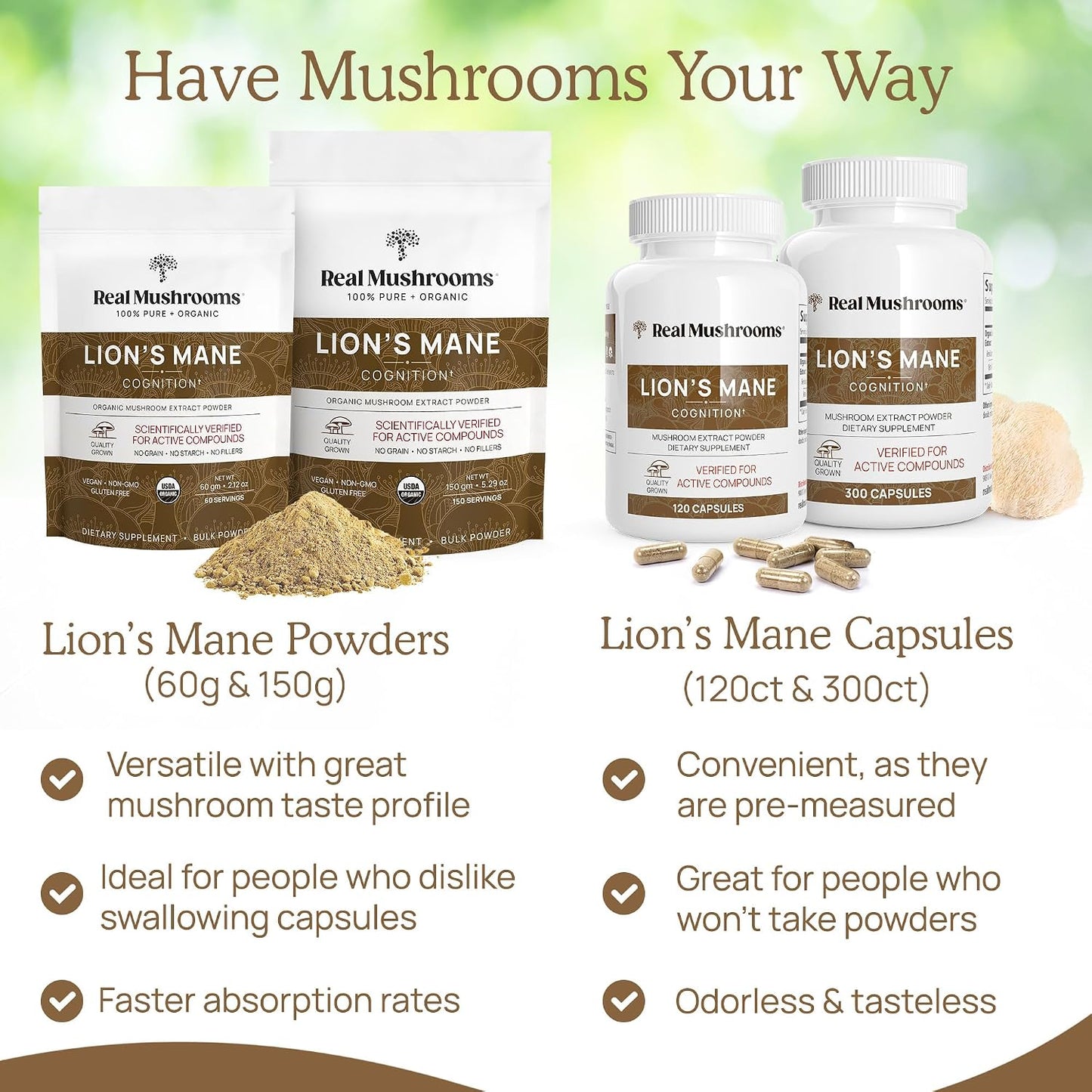 Lions Mane (60g) and Cordyceps (60g) Mushroom Extract Powder Bundle - Mushroom Supplement for Cognition, Energy and Endurance