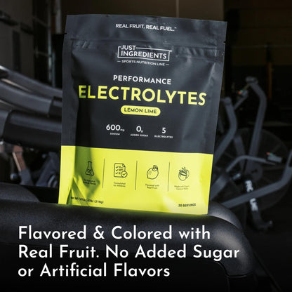 JUST INGREDIENTS Performance Electrolytes Powder Lemon Lime, 600mg Sodium with Organic Coconut Water, 30 Servings, Naturally Sweetened with Monk Fruit and Stevia, Flavored with Real Fruit, Non-GMO