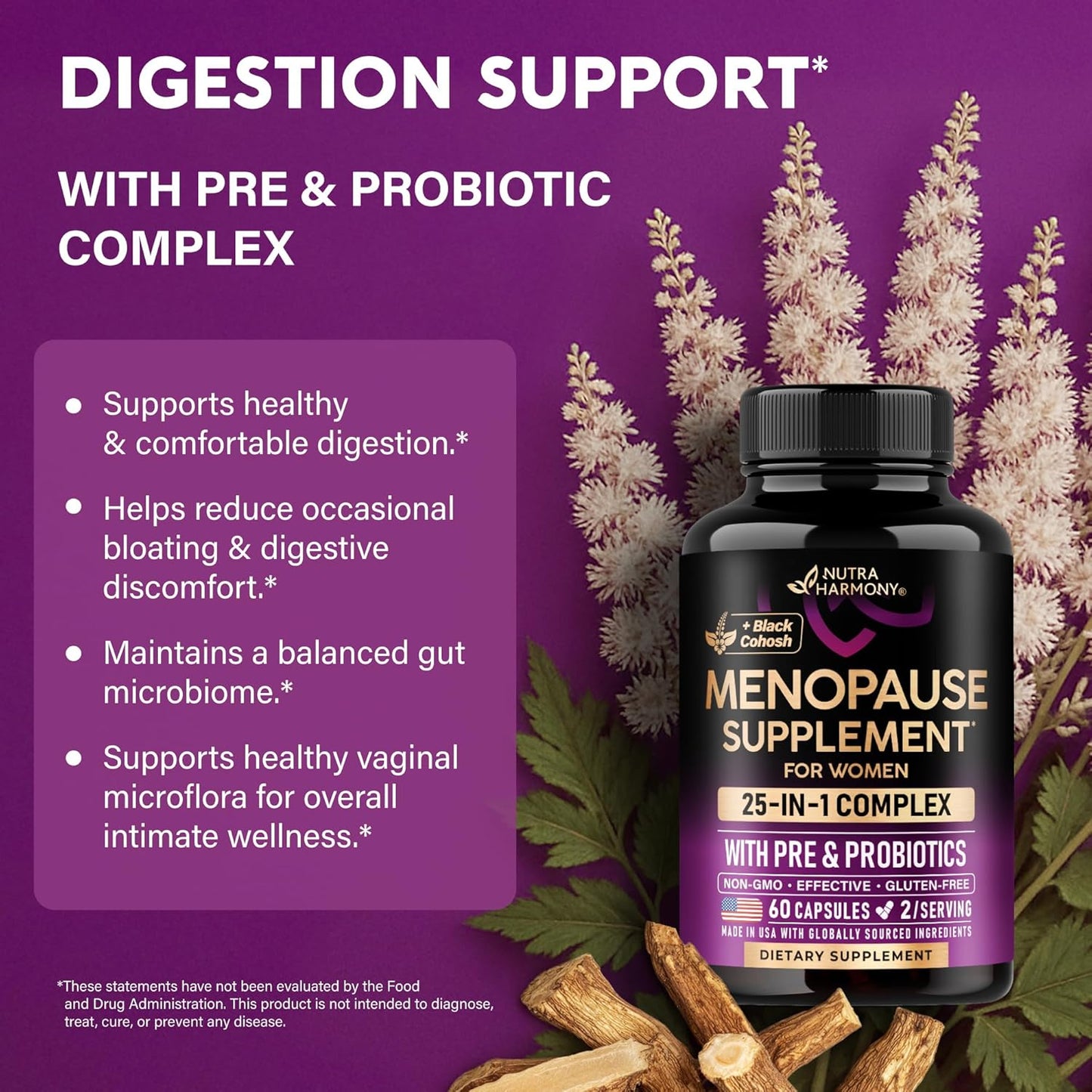 Menopause Supplements for Women - Dong Quai, Black Cohosh, Pre & Probiotics - Sweats & Hot Flashes Relief - Digestion, Sleep & Mood Support - 25-in-1 Perimenopause Complex - Lab Tested - 60 Capsules