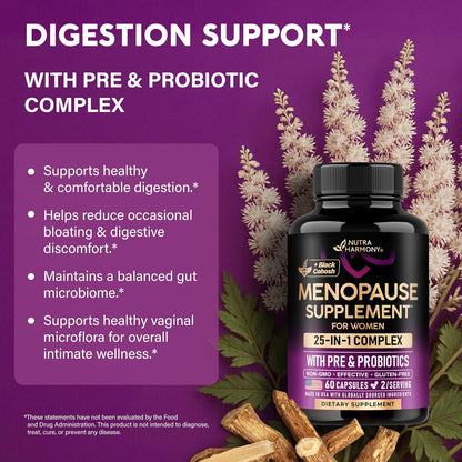 Menopause Supplements for Women - Dong Quai, Black Cohosh, Pre & Probiotics - Sweats & Hot Flashes Relief - Digestion, Sleep & Mood Support - 25-in-1 Perimenopause Complex - Lab Tested - 60 Capsules