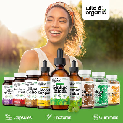 Wild & Organic Ginkgo Biloba Extract Drops - Brain & Focus Support - Liquid Ginkgo Biloba Supplements - Vegan, Sugar & Alcohol-Free Herbal Tincture - 4 fl oz