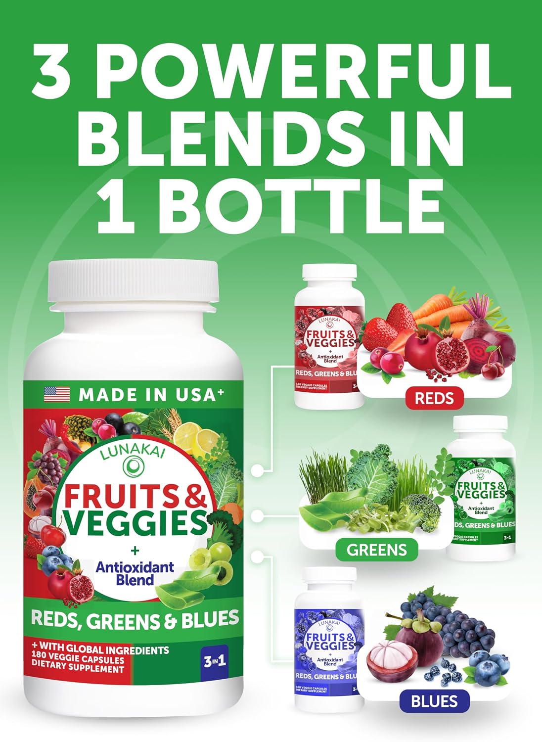 Lunakai USA Made Fruits & Veggies Supplement with 4 Superfood Blends, 180ct | Daily Greens & Reds Capsules with Antioxidants and Plant-Based Nutrients to Support Digestive & Immune Wellness
