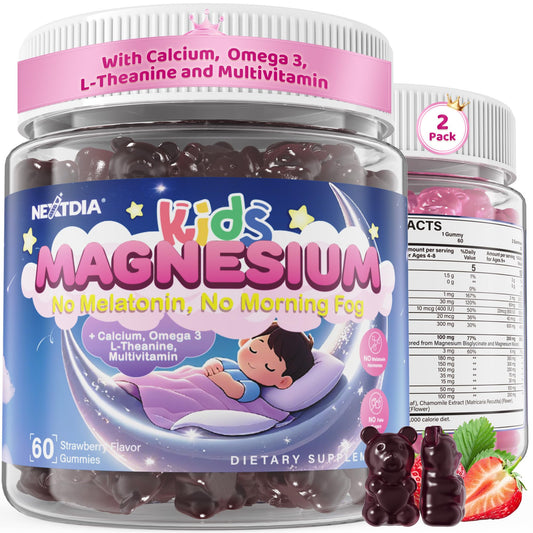 Kids Magnesium Glycinate Gummies + Calcium + Omega 3 - Kids Sleep & Calm Gummies, Melatonin Free Magnesium Gummies + L-theanine, B6, D3 & K2, Zinc, C for Restful Sleep, Bones, Brain & Immunity, 2 Pack