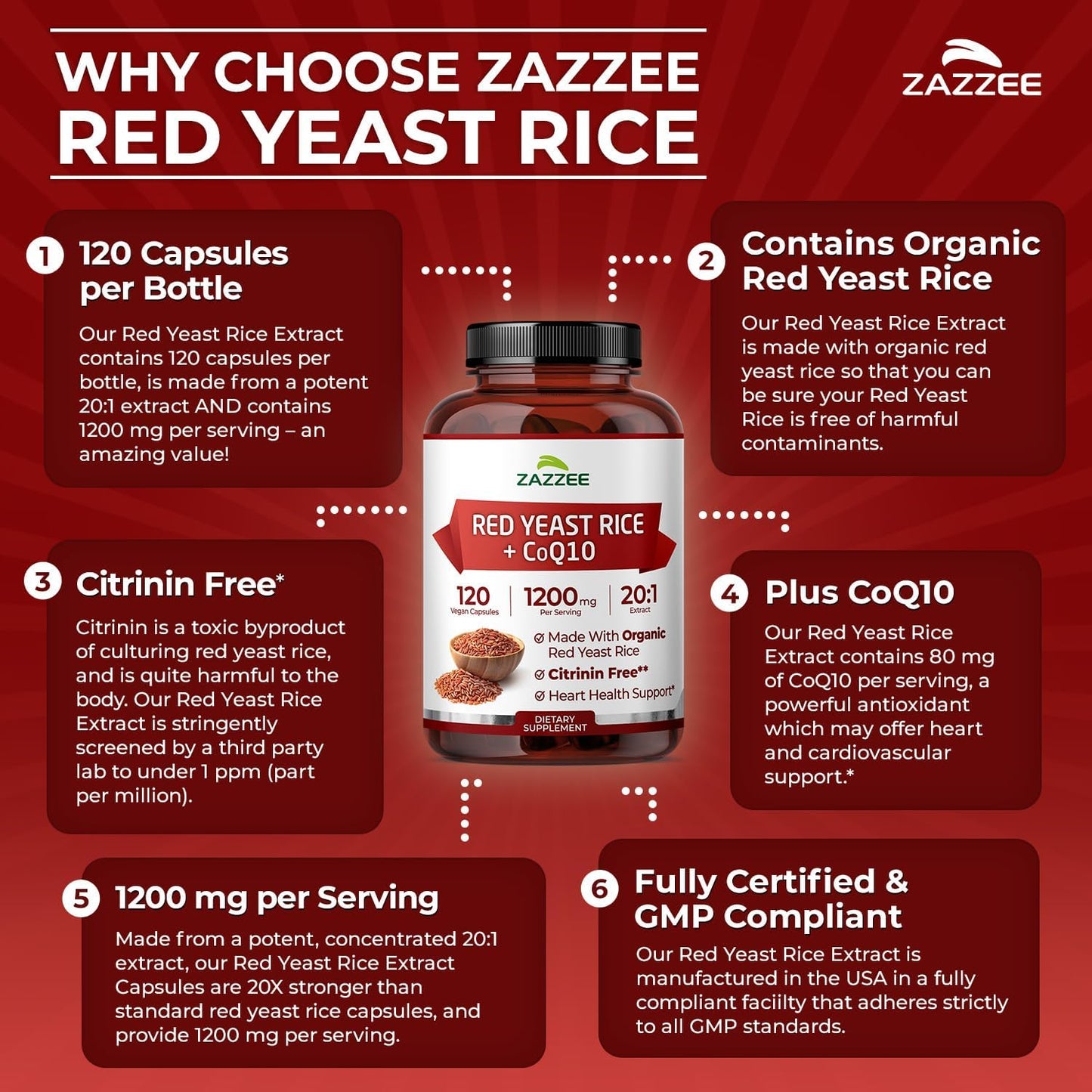 Zazzee Organic Red Yeast Rice 20:1 Extract with CoQ10, Citrinin-Free, 1200 mg per Serving, 80 mg CoQ10, 120 Vegan Capsules, Healthy Heart & Cardiovascular Support, Non-GMO, Made in the USA