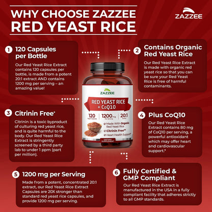 Zazzee Organic Red Yeast Rice 20:1 Extract with CoQ10, Citrinin-Free, 1200 mg per Serving, 80 mg CoQ10, 120 Vegan Capsules, Healthy Heart & Cardiovascular Support, Non-GMO, Made in the USA