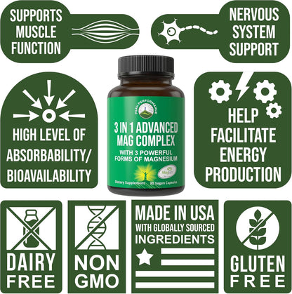 3 in 1 Advanced Magtein Magnesium Complex Capsules with Clinically Tested Magnesium L-Threonate, Glycinate & Taurinate. High Absorption & Bioavailability. Support Brain, Focus & Memory. 90 Vegan Pills