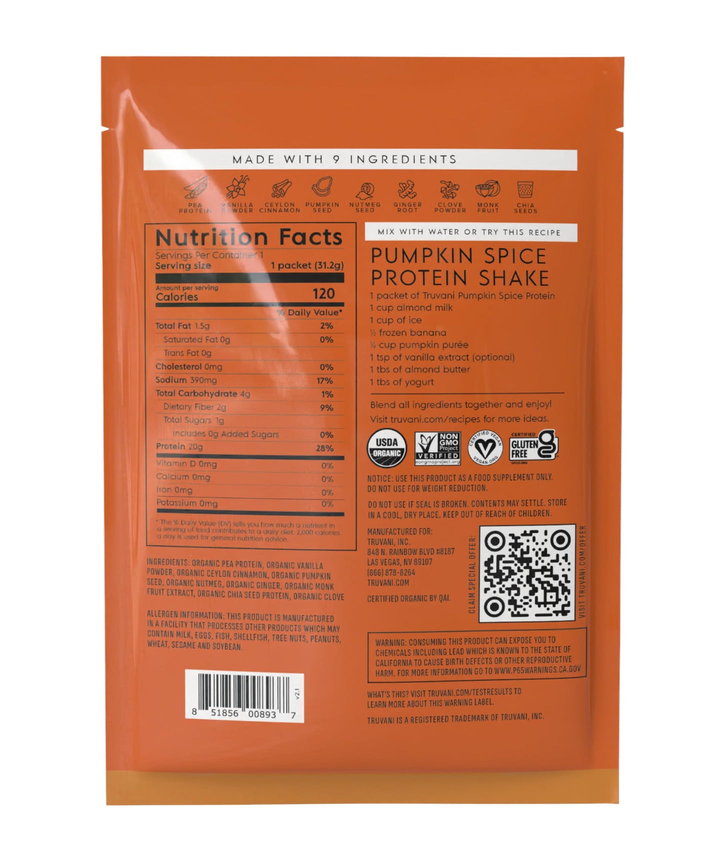 Truvani Organic Plant Based Protein Powder | Vanilla | 1 Serving | Vegan | 20g Pea Protein | Keto | Gluten & Dairy Free | Low Carb | No Added Sugar