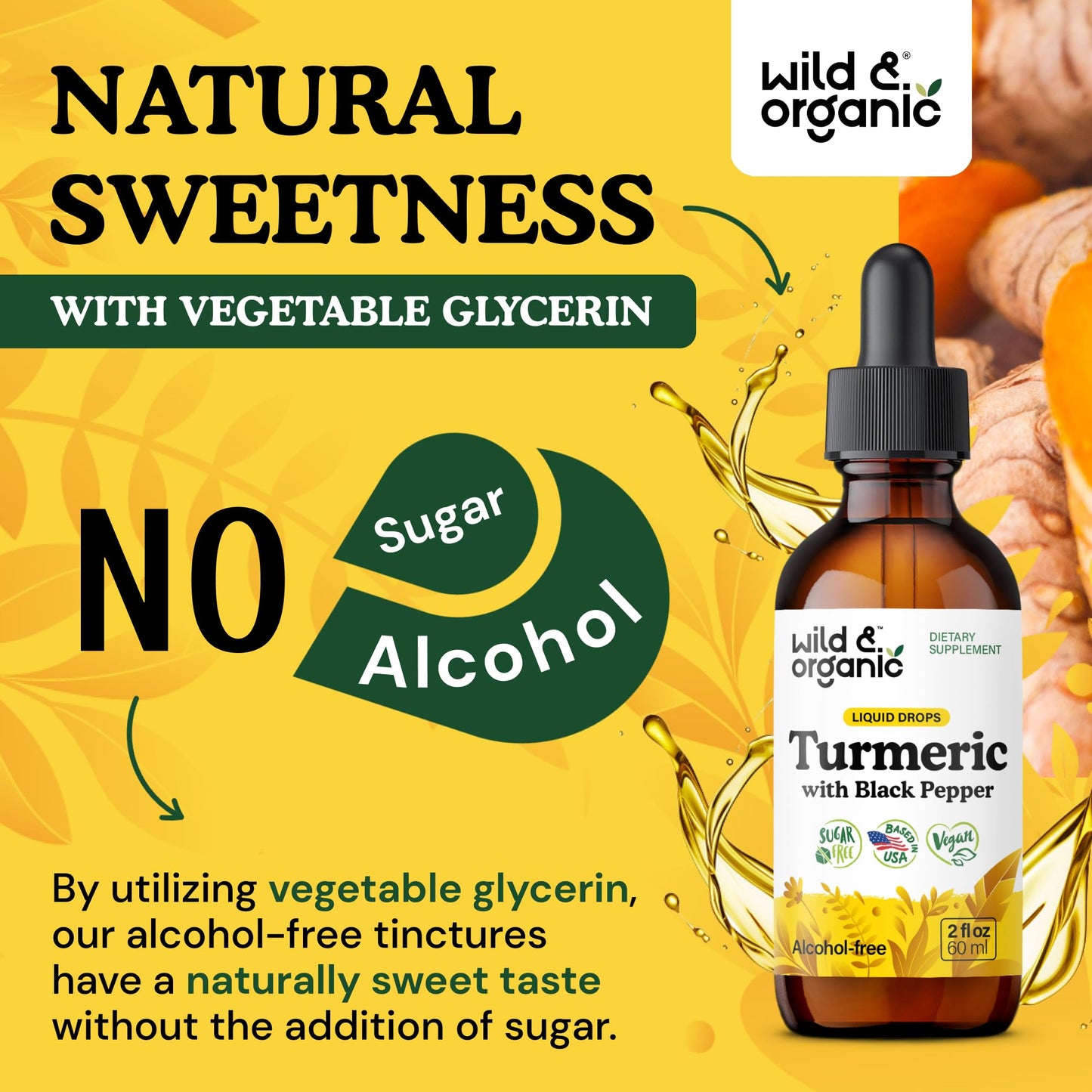Wild & Organic Turmeric Supplement Liquid Drops - Movement & Immune Support - Liquid Turmeric with Black Pepper Extract - Add to Tea Tincture - Curcumin Supplements - Sugar & Alcohol-Free - 4 fl oz
