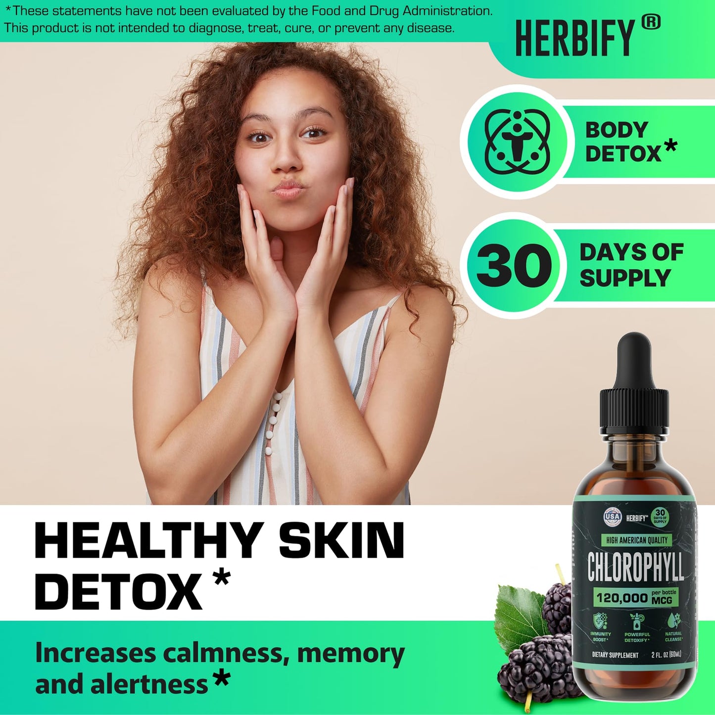 HERBIFY Chlorophyll Drops - Liquid Chlorophyll for Energy Boost & Immune System Support - Made in USA - Chlorophyll Liquid Drops for Body Detox, Internal Deodorant & Enhance Skin - 2 Oz