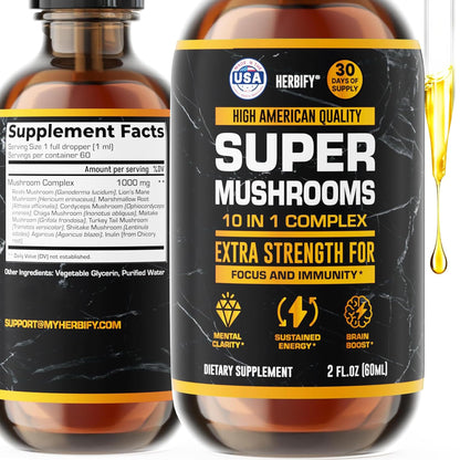 HERBIFY Lions Mane Supplement - Daily Mushroom Supplement for Memory, Focus & Clarity - Brain Booster - Lions Mane Tincture for Immune Support - 4 Fl oz