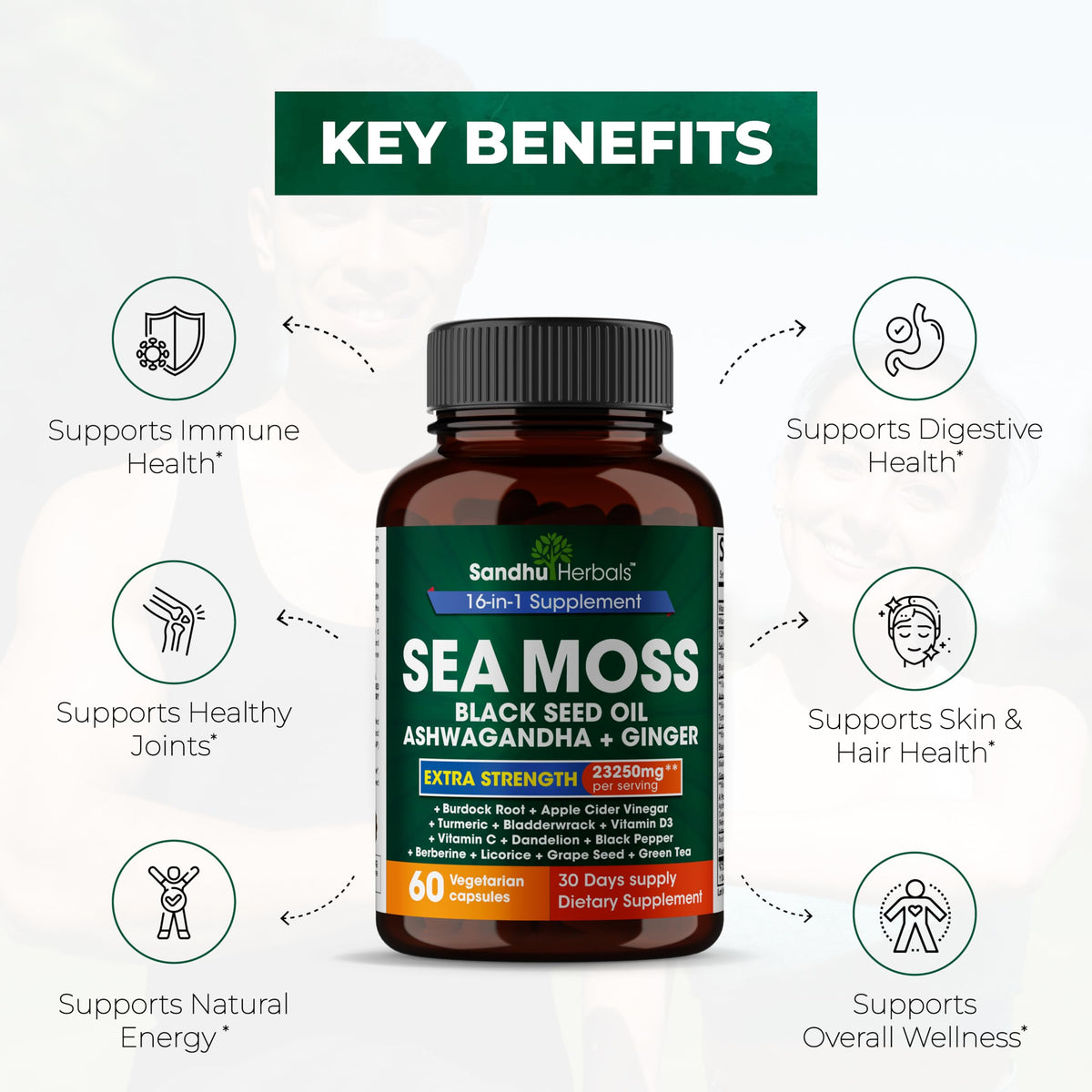Sandhu Herbals Sea Moss 8000mg Black Seed Oil 5000mg Ashwagandha 2000mg Ginger