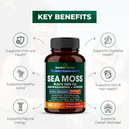 Sandhu Herbals Sea Moss 8000mg Black Seed Oil 5000mg Ashwagandha 2000mg Ginger
