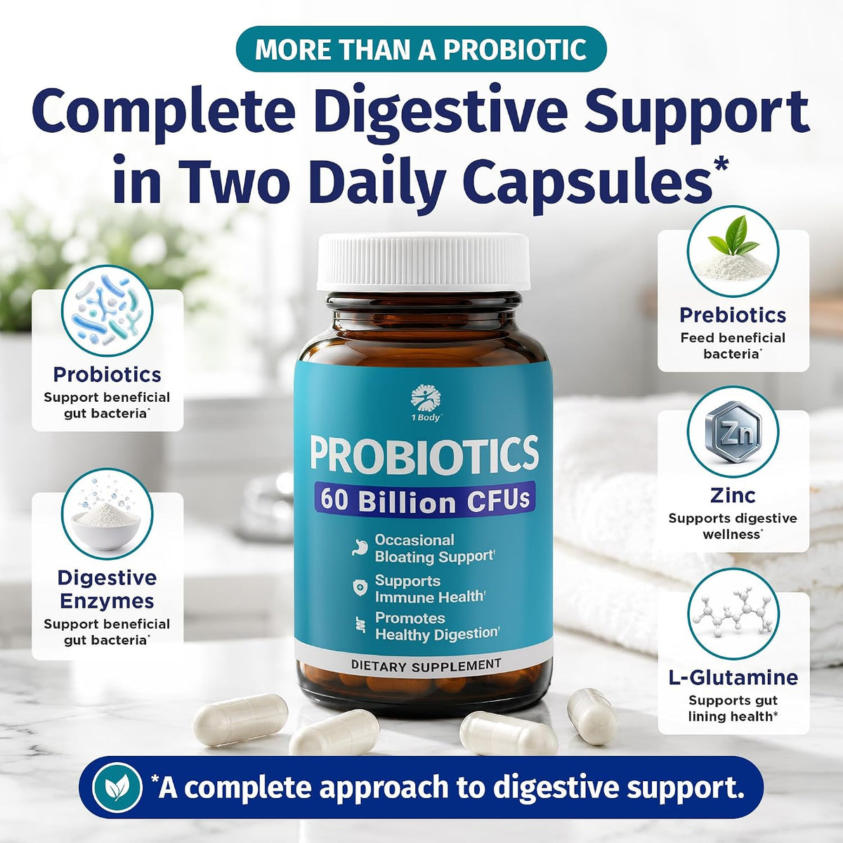 1 Body Probiotic 60 Billion with Prebiotics & Enzymes, 60 Vegan Caps