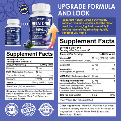 NEVISS Melatonin 50 mg for Adults - Extra Strength 9-in-1 Fast Dissolve Sublingual - High Dose with Magnesium Glycinate, Vitamin D3, Ashwagandha, Lemon Balm, Chamomile, Sugar Free,Vegan 120 Tablets