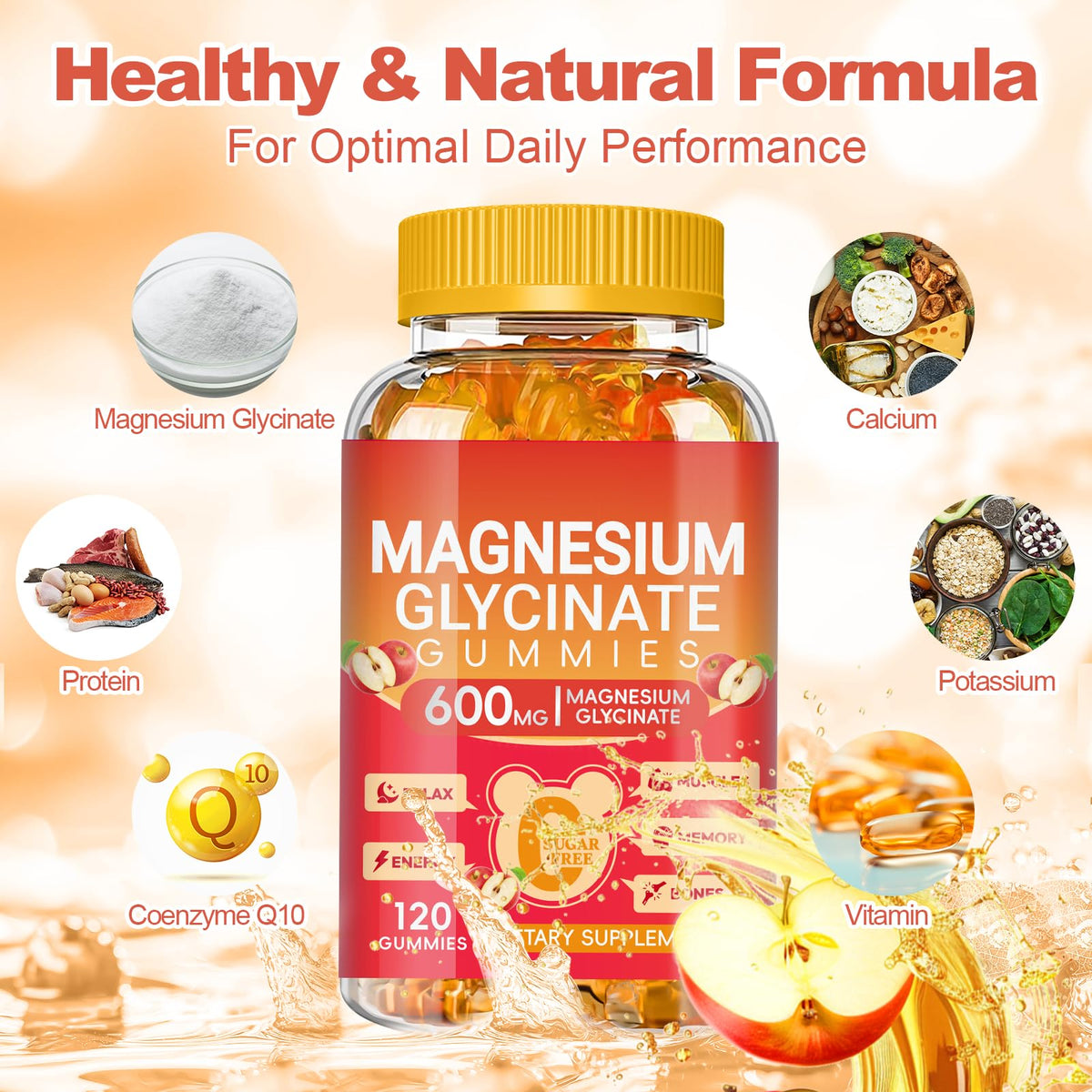 Magnesium Glycinate Gummies 600mg, Sugar Free Magnesium Gummies for Adults