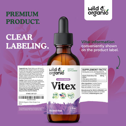 Wild & Organic Vitex Tincture - Mood & Perimenopause Support - Vitex Chasteberry Supplement for Women - Liquid Chaste Tree Berry Extract - Vegan, Sugar & Alcohol-Free Herb Drops - 4 fl oz