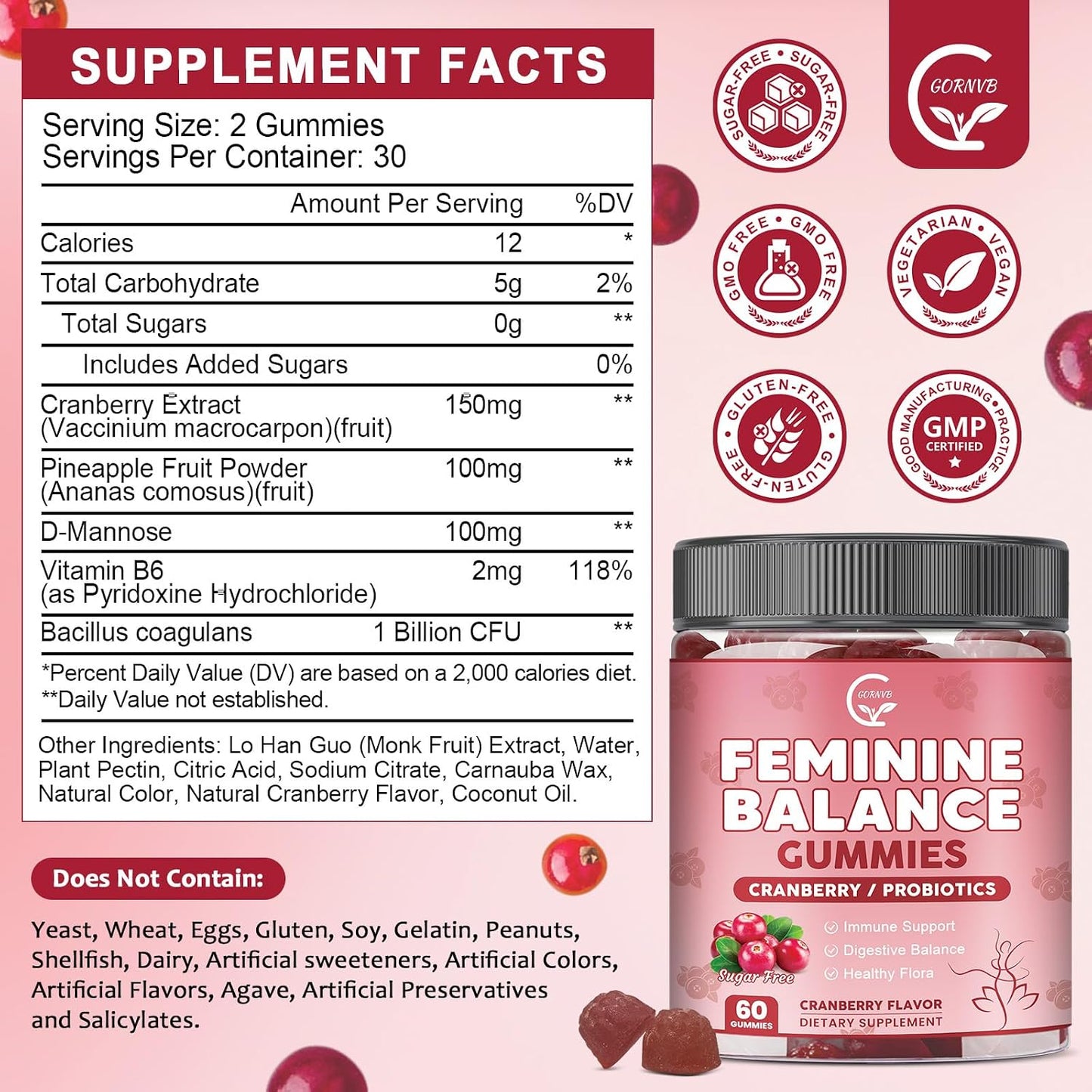 Premium Feminine Balance Gummies for Women with Cranberry Pineapple Powder | Support pH Balance & Vaginal Probiotics Health Gummies with D-Mannose , Sugar Free, Gluten Free, Vegan
