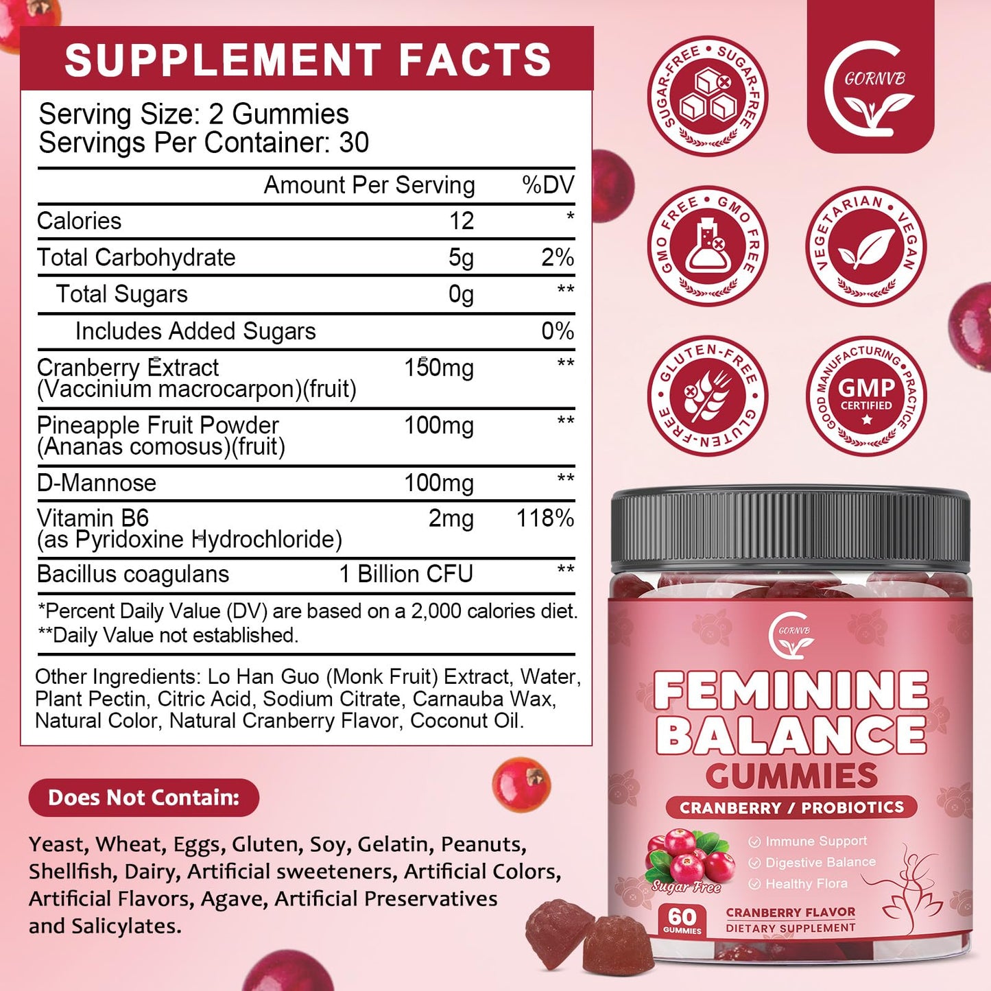 Premium Feminine Balance Gummies for Women with Cranberry Pineapple Powder | Support pH Balance & Vaginal Probiotics Health Gummies with D-Mannose , Sugar Free, Gluten Free, Vegan