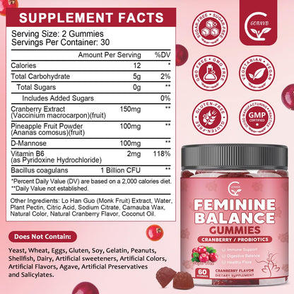 Premium Feminine Balance Gummies for Women with Cranberry Pineapple Powder | Support pH Balance & Vaginal Probiotics Health Gummies with D-Mannose , Sugar Free, Gluten Free, Vegan