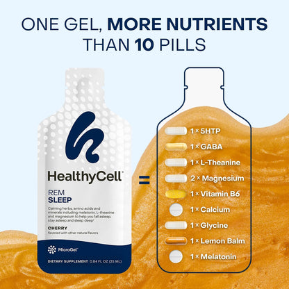 Healthycell REM Sleep Aid Liquid Gel Supplement for Adults - 30 Gel Packs | Extra Strength, Deep Sleep Supplement with Melatonin, Magnesium, L-Theanine, GABA & Natural Calming Herbs - 30 Gel Packs