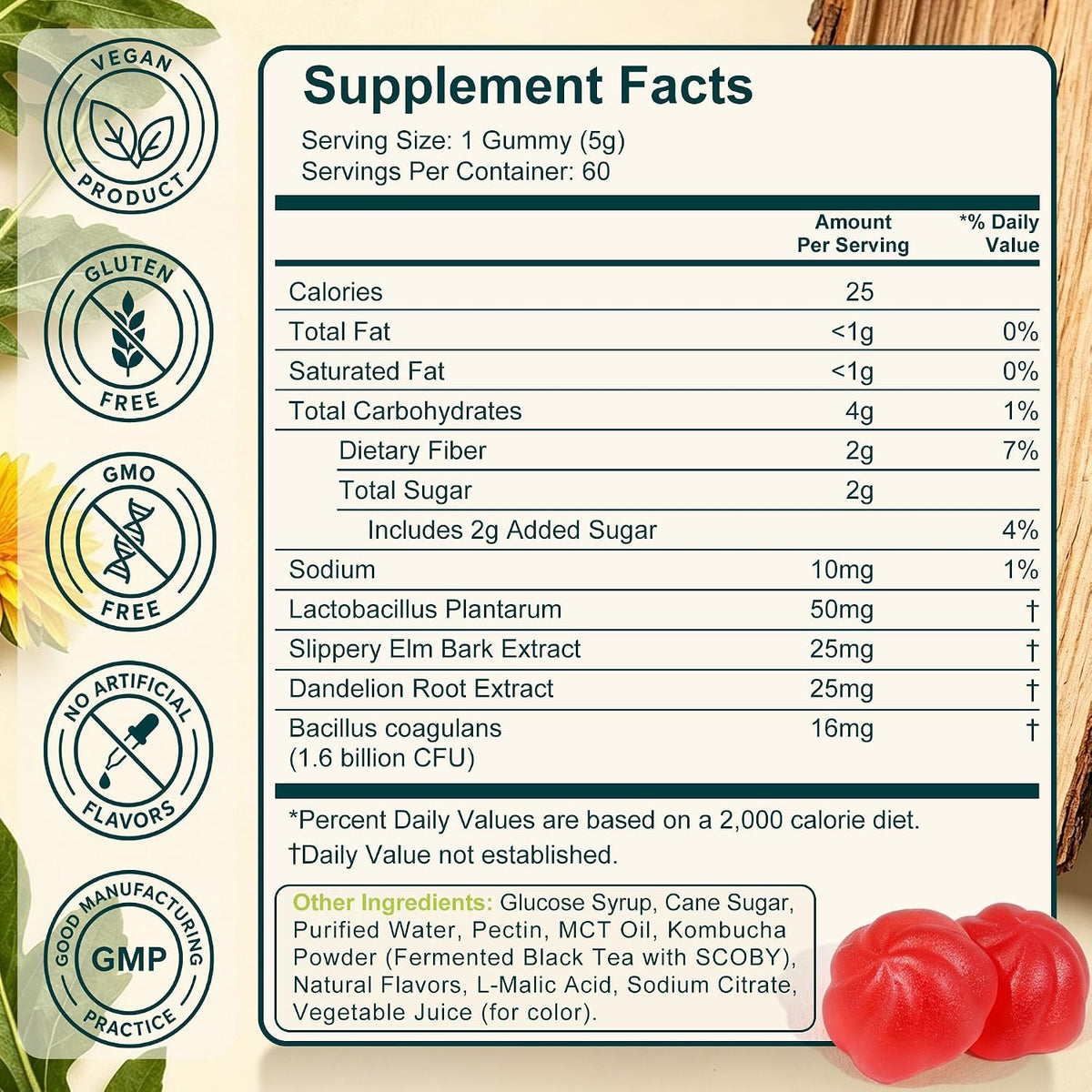Probiotic Kombucha Gummies for Bloating, Digestive & Gut Health, 60 Gummies