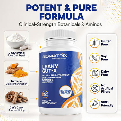 BioMatrix Leaky Gut Repair Supplement w/Glutamine, Quercetin, Cat's Claw, MSM, SIBO, Prebiotic Support, Intestinal Barrier Revive for Men and Women | 60-Day Supply – Leaky Gut-X