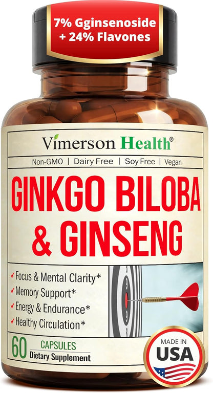 Asian Ginseng & Ginkgo Biloba Supplements w/ Potent Extracts – 60 Capsules