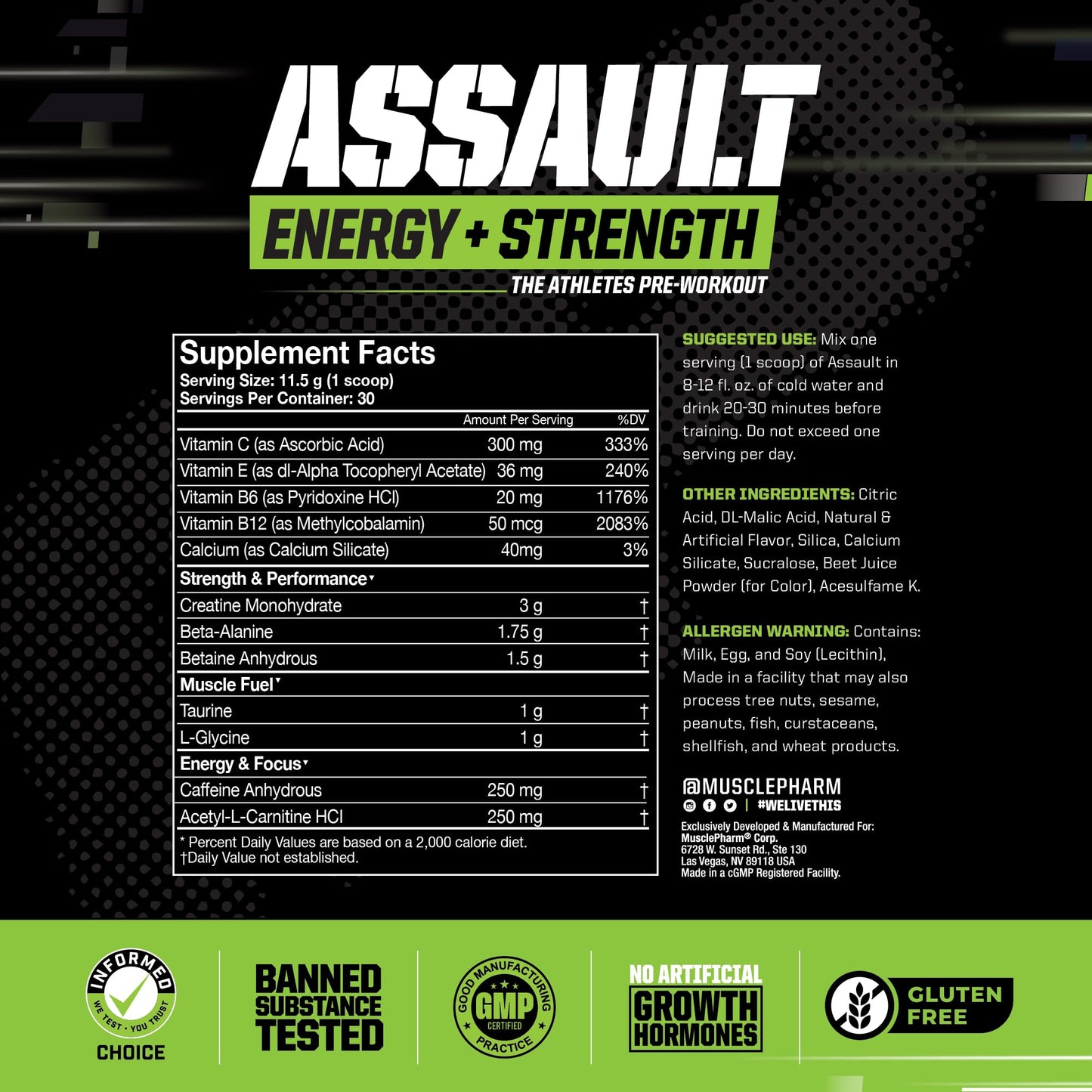 MusclePharm Assault Pre Workout Powder for Men & Women – Energy & Strength Boost Pre-Workout Supplements with Beta Alanine, Caffeine, Creatine & Betaine Anhydrous – 30 Servings, Fruit Punch Flavor