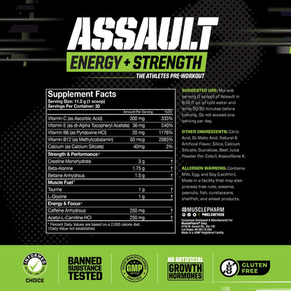 MusclePharm Assault Pre Workout Powder for Men & Women – Energy & Strength Boost Pre-Workout Supplements with Beta Alanine, Caffeine, Creatine & Betaine Anhydrous – 30 Servings, Fruit Punch Flavor