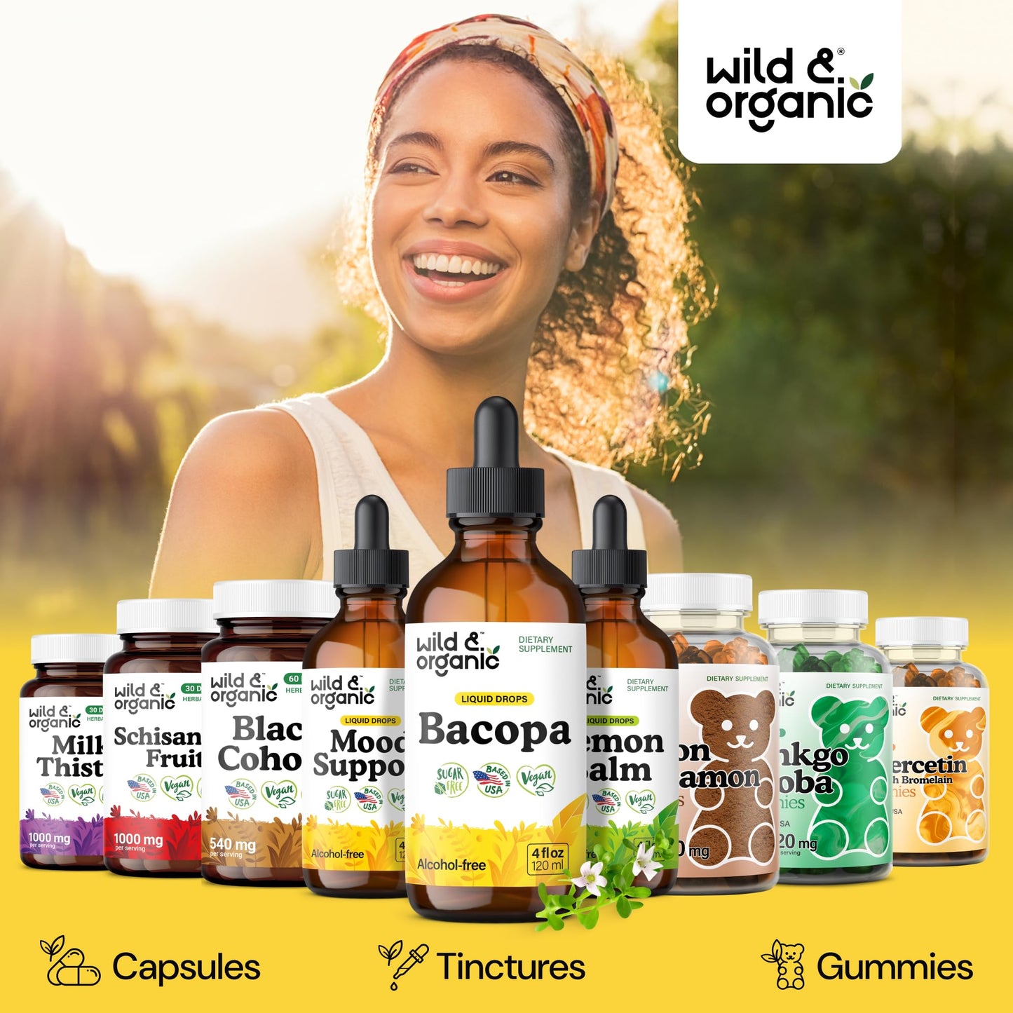 Wild & Organic Bacopa Monnieri Supplement - Brain & Focus Support - Bacopa Extract Liquid Drops - Brahmi Herb Tincture to Add to Tea - 5-Month Supply - Vegan, Sugar & Alcohol-Free - 4 fl oz