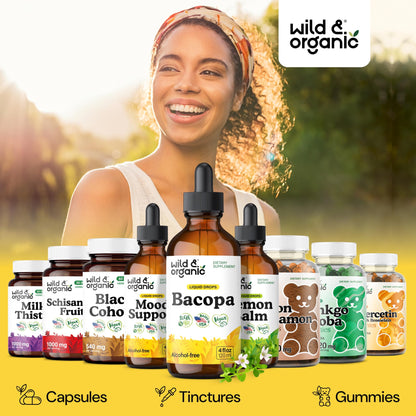 Wild & Organic Bacopa Monnieri Supplement - Brain & Focus Support - Bacopa Extract Liquid Drops - Brahmi Herb Tincture to Add to Tea - 5-Month Supply - Vegan, Sugar & Alcohol-Free - 4 fl oz