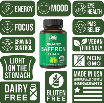 Saffron Supplements - USDA Organic Saffron Extract Capsules for Women, Men, and Kids. with Organic Prebiotic Fiber Instead of Filler. Pure and Natural for Mood, Brain, Focus, Cravings, PMS