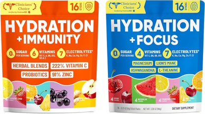 Venture Pal 2-in-1 Hydration Electrolytes Bundle – Focus & Immune Support Powder Packets, 7 Electrolytes, Vitamins, Magnesium, Lion’s Mane, L-Theanine, Elderberry, Sugar Free Drink Mix, 32 Sticks