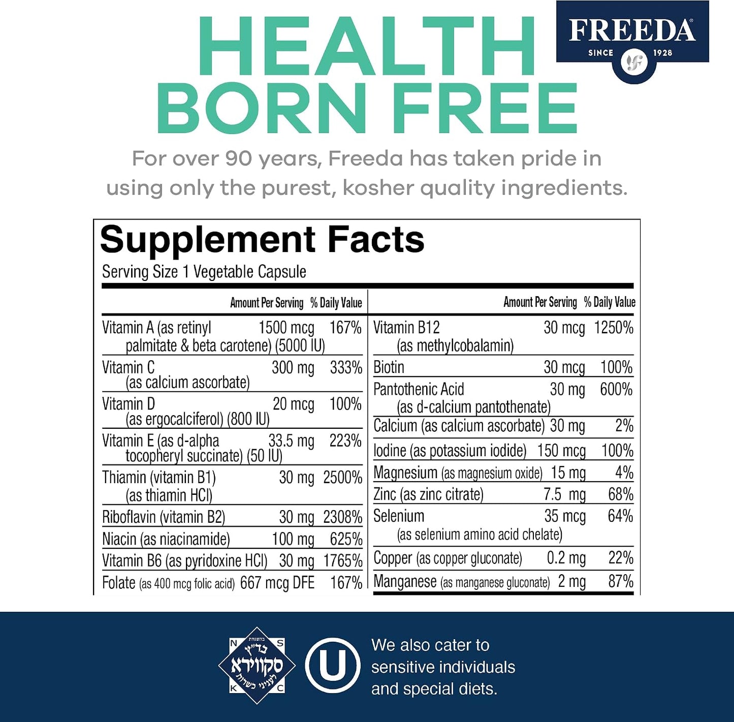 FREEDA One Daily Multivitamin Without Iron - Quintabs-M - 100 Capsules | Iron-Free Multivitamin - Supporting Balanced Nutrition & GLP-1 Health for Men & Women - Complete Daily Vitamins