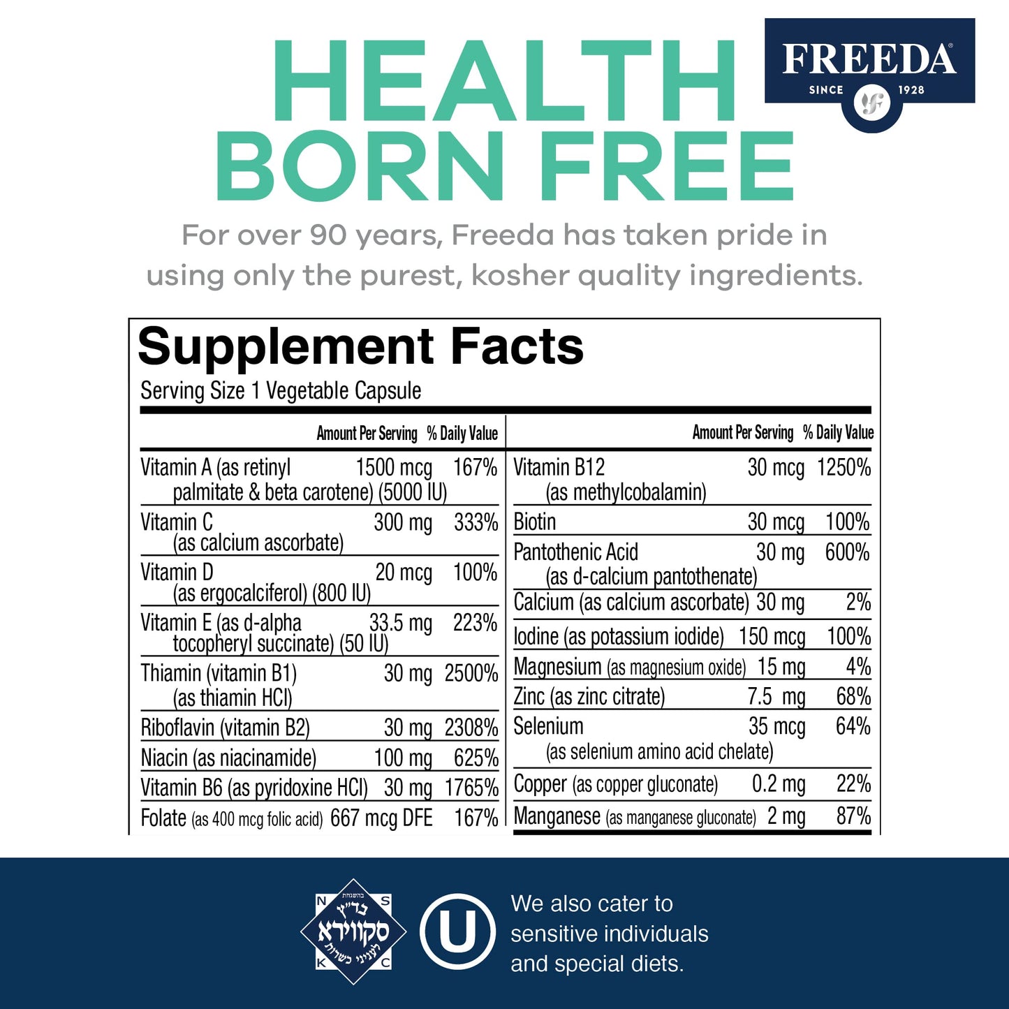 FREEDA One Daily Multivitamin Without Iron - Quintabs-M - 100 Capsules | Iron-Free Multivitamin - Supporting Balanced Nutrition & GLP-1 Health for Men & Women - Complete Daily Vitamins