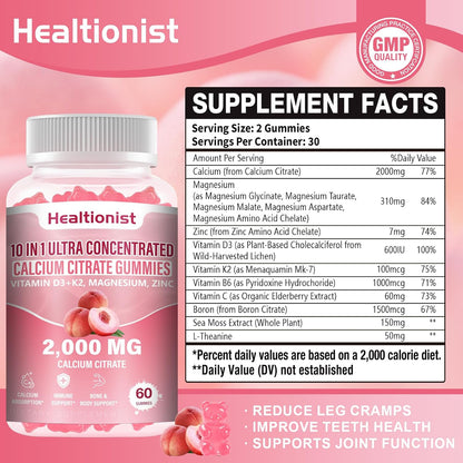 2 Packs 2000mg Calcium Citrate with Vitamin D3 K2 Supplements Gummies for Women & Men, Magnesium, Zinc, High Absorption, Bone, Muscle & Immune Support, 120 Counts Peach Flavor Gummies
