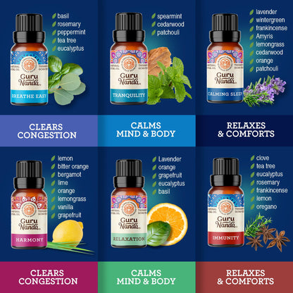 GuruNanda Essential Oils (Set of 12) with Wooden Storage Gift Box- 100% Pure & Undiluted Oils- Perfect for Aromatherapy, Massage, Beauty, Hair Care & Diffusers (Contains 6 Blends & 6 Singles)