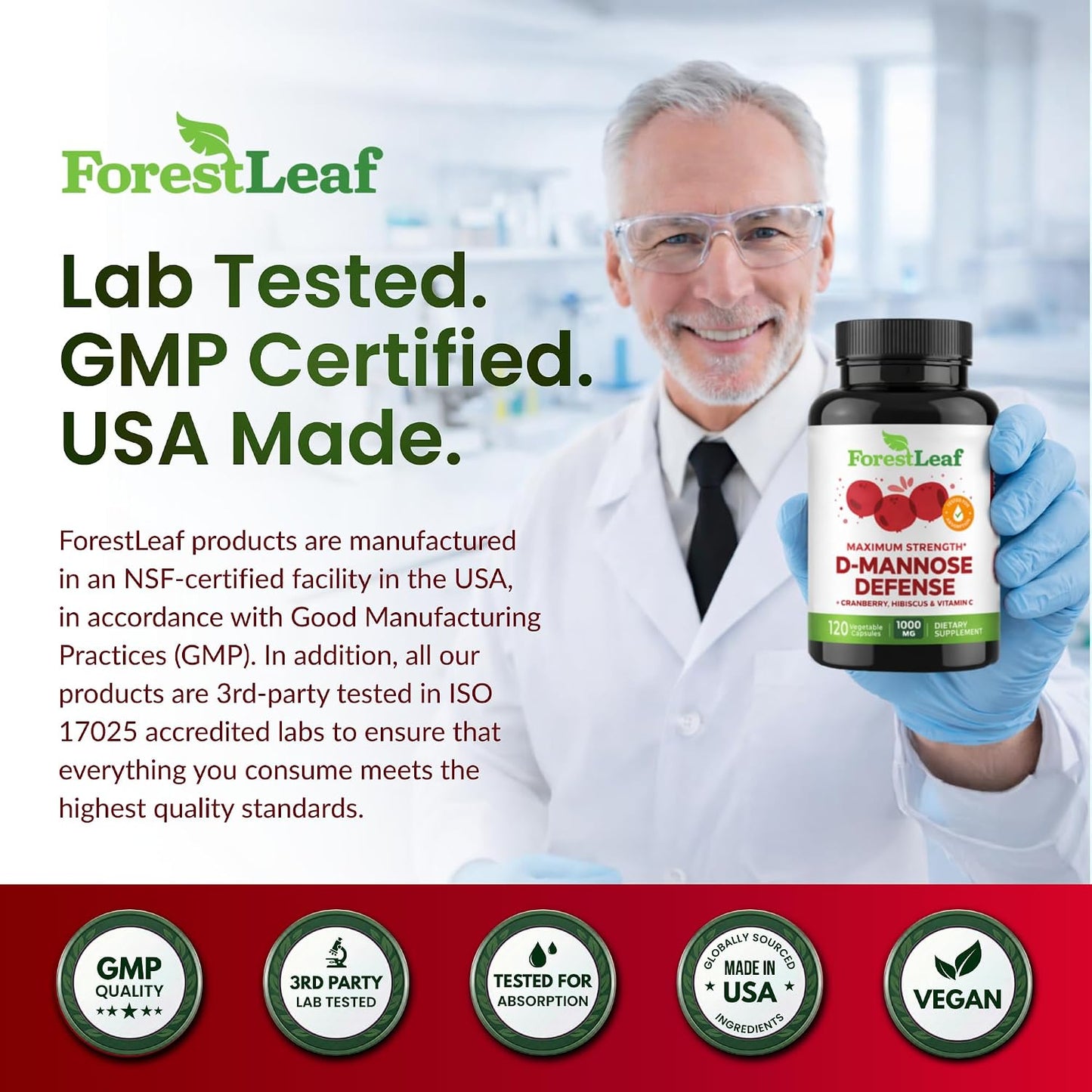 ForestLeaf D Mannose Supplements for Women & Men - D-Mannose 1000mg Capsules with Cranberry, Hibiscus & VIT C - DMannose Pills for UTI, Urinary Tract & Bladder Support - 120 Caps