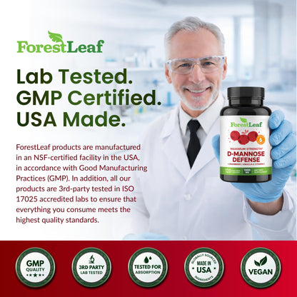 ForestLeaf D Mannose Supplements for Women & Men - D-Mannose 1000mg Capsules with Cranberry, Hibiscus & VIT C - DMannose Pills for UTI, Urinary Tract & Bladder Support - 120 Caps