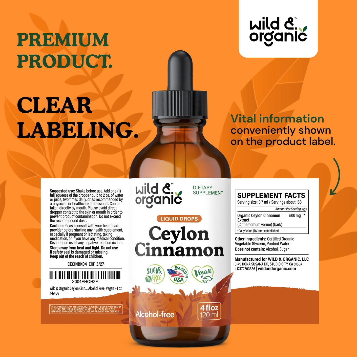 Wild & Organic Ceylon Cinnamon Supplements 500mg - Antioxidant Support - Ceylon Cinnamon Drops - Add to Tea Liquid Extract - Cinnamomum Verum Bark - Unflavored, Sugar & Alcohol-Free Tincture - 4 fl oz
