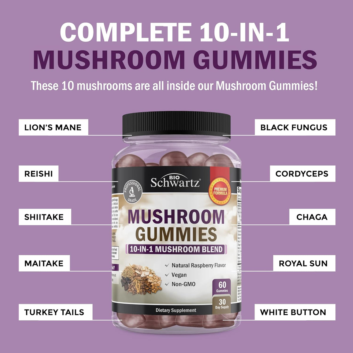 Mushroom Gummies for Adults - 10-in-1 Functional Mushroom Supplement for Mood and Focus with Lions Mane Turkey Tail Cordyceps Shiitake Reishi - Vegan, Non-GMO, Fresh Raspberry Flavor, 60 Count