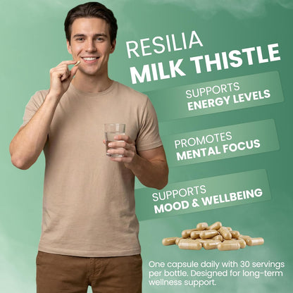 Resilia Milk Thistle Silymarin – 300 mg Supplement with Vitamin C, Inositol, Pueraria Root & Turmeric Extract, High-Absorption Antioxidant-Focused Plant Formula, 30 Vegetarian Capsules