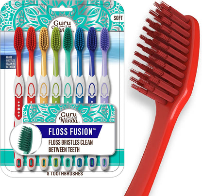 GuruNanda Soft Toothbrushes for Adults, Floss Fusion Design, 8 ct